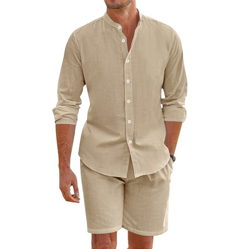 Men's Casual Khaki Linen Shorts Co-ord Set With V Neck Long Sleeve Top And Shorts