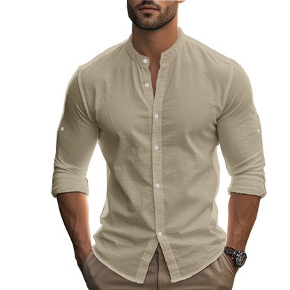 Men's Casual Khaki Linen Shorts Co-ord Set With V Neck Long Sleeve Top And Shorts