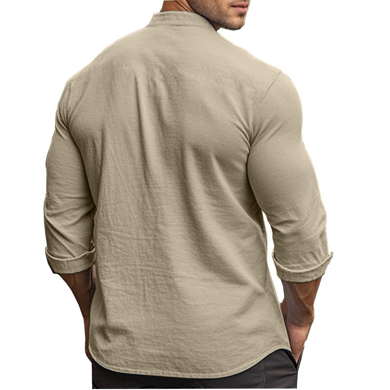 Men's Casual Khaki Linen Shorts Co-ord Set With V Neck Long Sleeve Top And Shorts