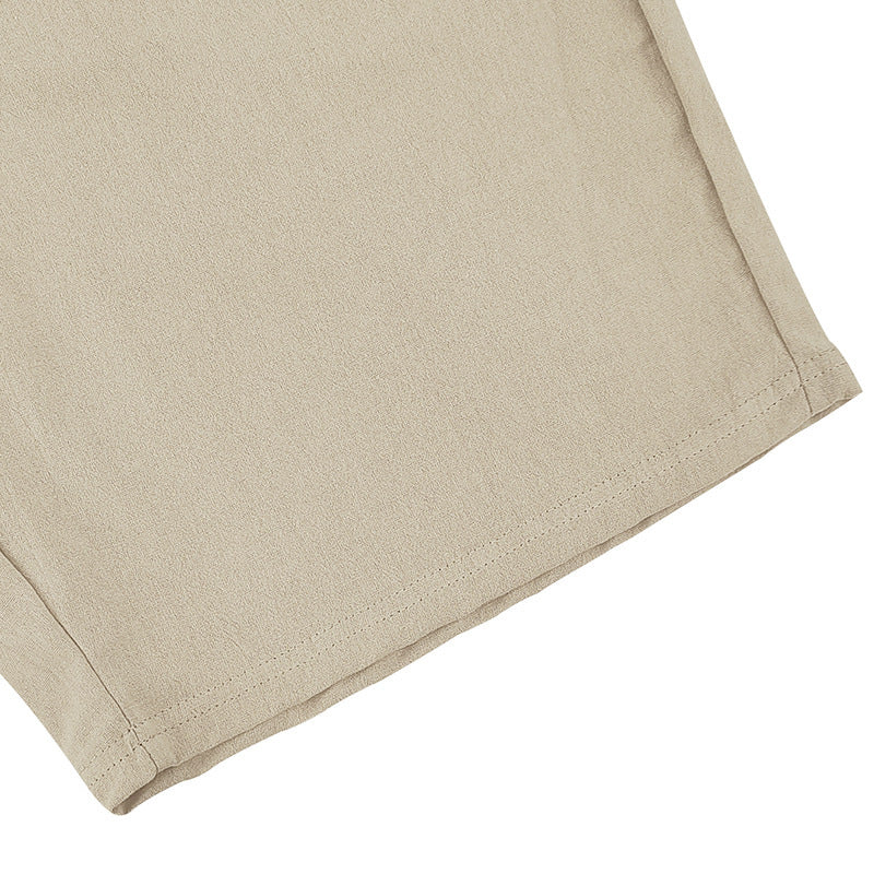 Men's Casual Khaki Linen Shorts Co-ord Set With V Neck Long Sleeve Top And Shorts