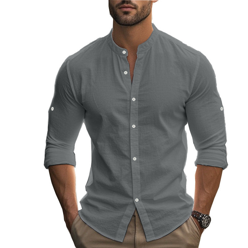 Men's Casual Khaki Linen Shorts Co-ord Set With V Neck Long Sleeve Top And Shorts