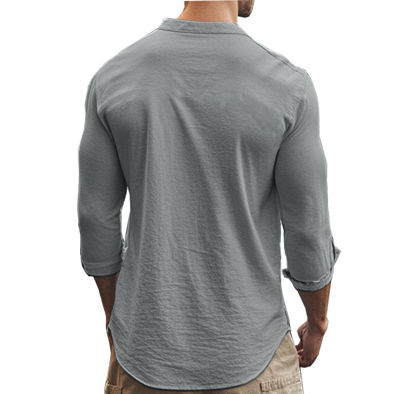 Men's Casual Khaki Linen Shorts Co-ord Set With V Neck Long Sleeve Top And Shorts