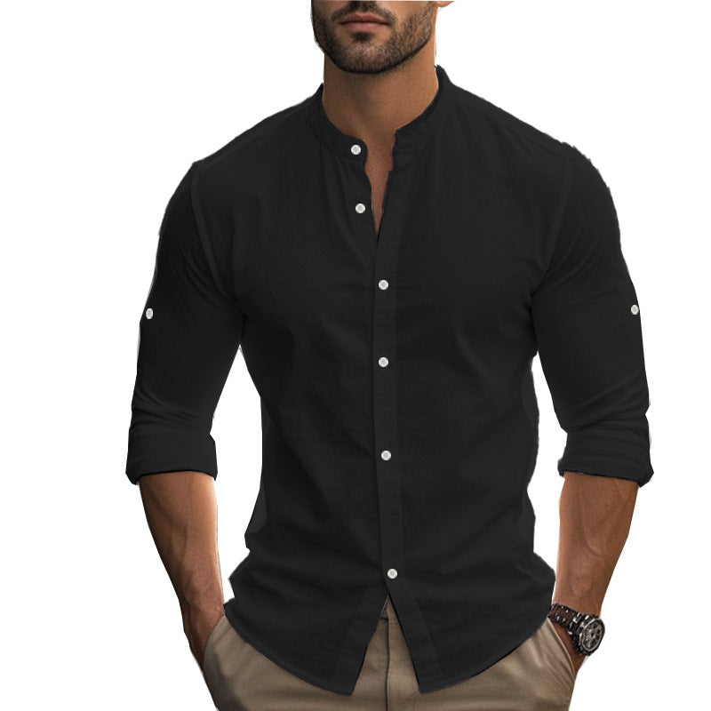 Men's Casual Khaki Linen Shorts Co-ord Set With V Neck Long Sleeve Top And Shorts