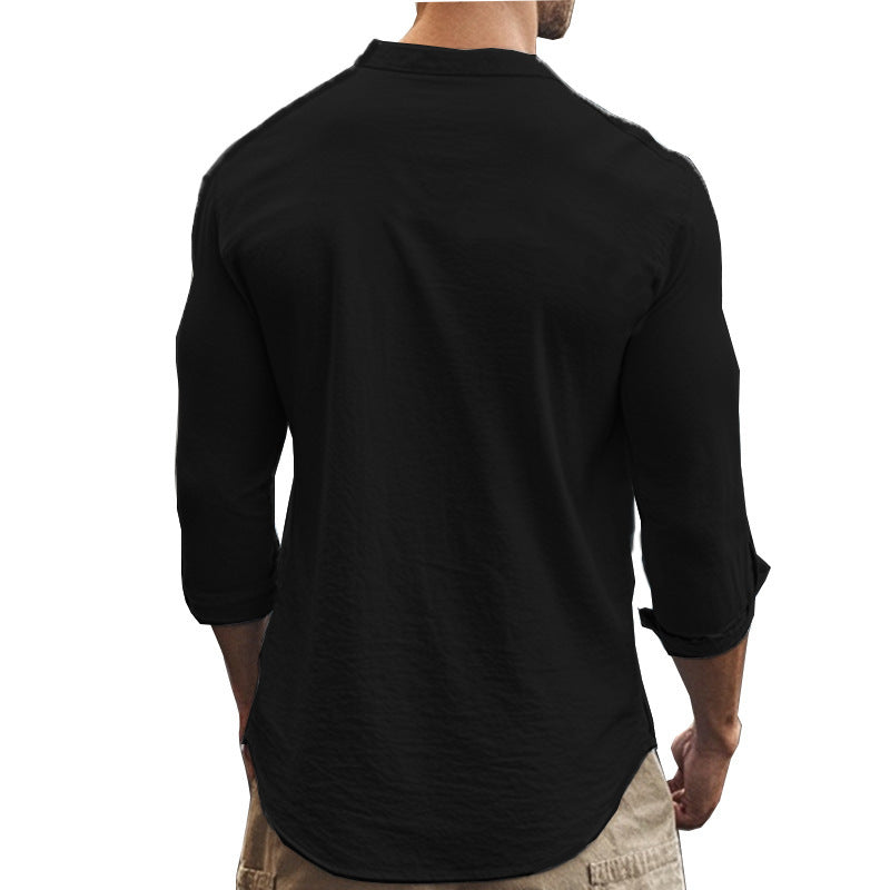 Men's Casual Khaki Linen Shorts Co-ord Set With V Neck Long Sleeve Top And Shorts
