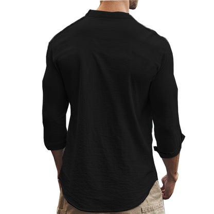 Men's Casual Khaki Linen Shorts Co-ord Set With V Neck Long Sleeve Top And Shorts