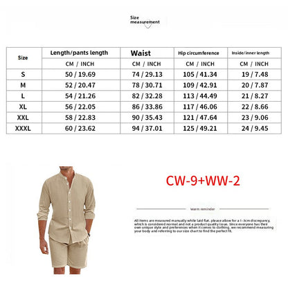 Men's Casual Khaki Linen Shorts Co-ord Set With V Neck Long Sleeve Top And Shorts