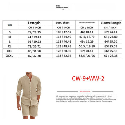 Men's Casual Khaki Linen Shorts Co-ord Set With V Neck Long Sleeve Top And Shorts
