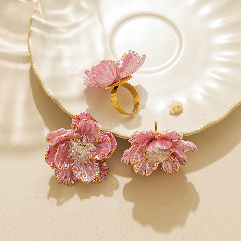 Women’s Jewelry Set Featuring Flowers Pattern With 18K Real Gold Plated PVD Coating And Acrylic Material, Waterproof Non Tarnish Finish