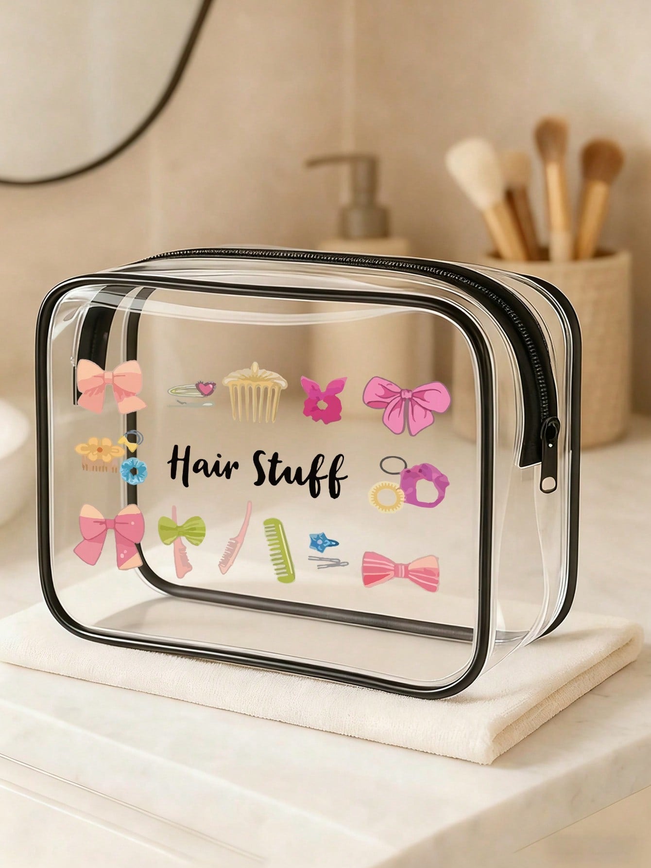 Women’s PVC Square Cosmetic Bag Featuring Vocabulary Words Design, Waterproof And Suitable For All Seasons