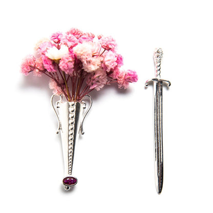 British Style Silver Vase Brooch Set In 925 Sterling Silver With Zircon Inlay For Unisex