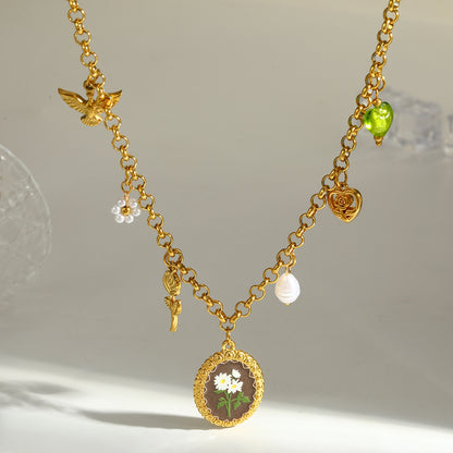 Novelty Round Pendant Necklace For Women In 304 Stainless Steel With 18K Real Gold Plated Finish And Side Chain