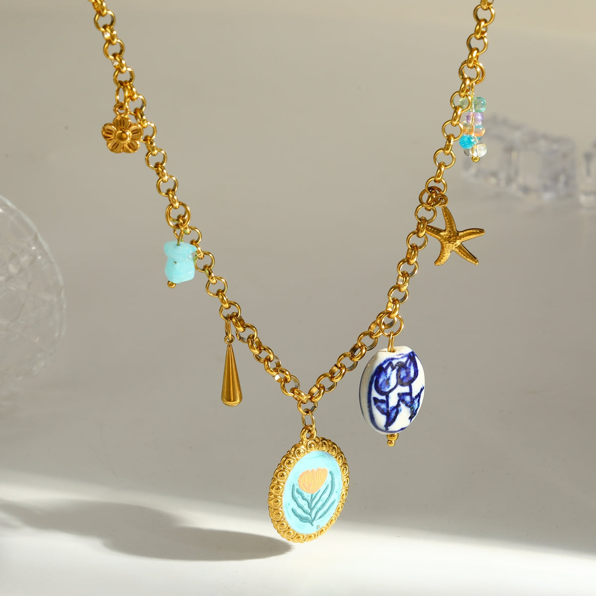 Novelty Round Pendant Necklace For Women In 304 Stainless Steel With 18K Real Gold Plated Finish And Side Chain