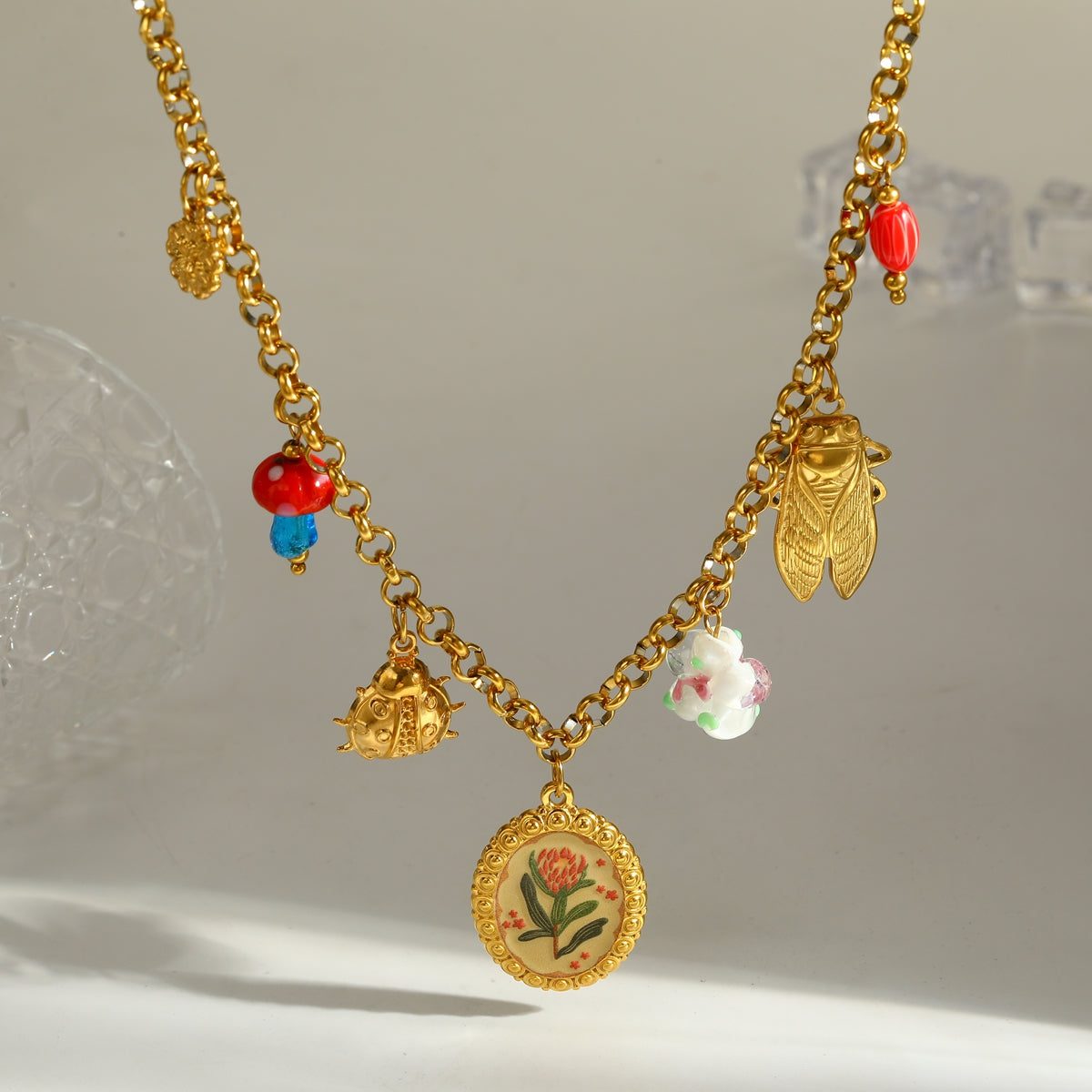 Novelty Round Pendant Necklace For Women In 304 Stainless Steel With 18K Real Gold Plated Finish And Side Chain