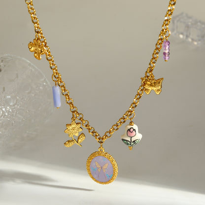 Novelty Round Pendant Necklace For Women In 304 Stainless Steel With 18K Real Gold Plated Finish And Side Chain