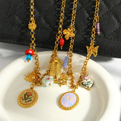 Novelty Round Pendant Necklace For Women In 304 Stainless Steel With 18K Real Gold Plated Finish And Side Chain