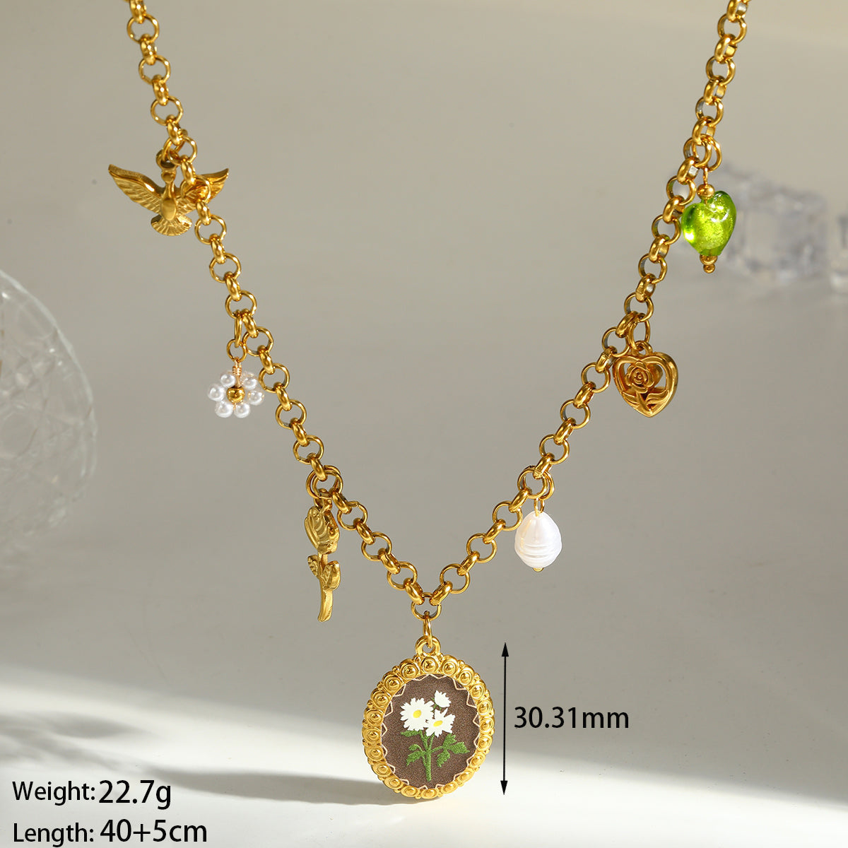 Novelty Round Pendant Necklace For Women In 304 Stainless Steel With 18K Real Gold Plated Finish And Side Chain