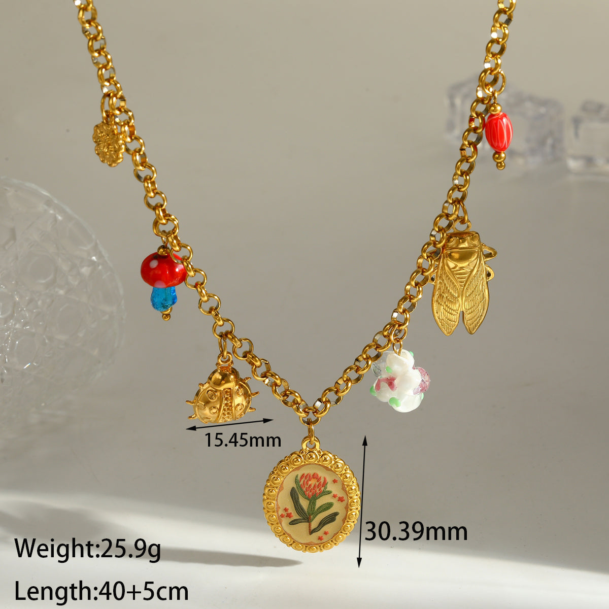 Novelty Round Pendant Necklace For Women In 304 Stainless Steel With 18K Real Gold Plated Finish And Side Chain