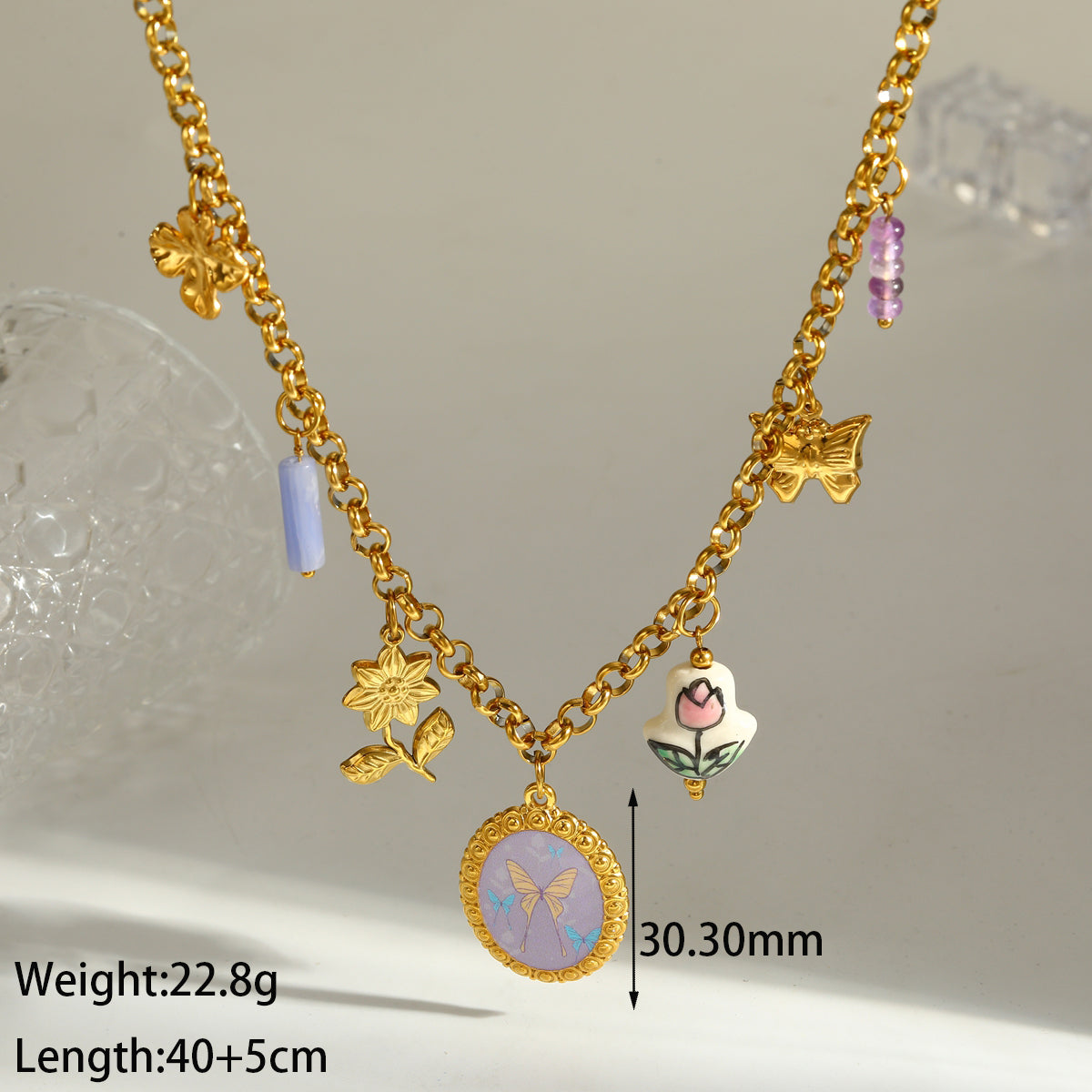 Novelty Round Pendant Necklace For Women In 304 Stainless Steel With 18K Real Gold Plated Finish And Side Chain