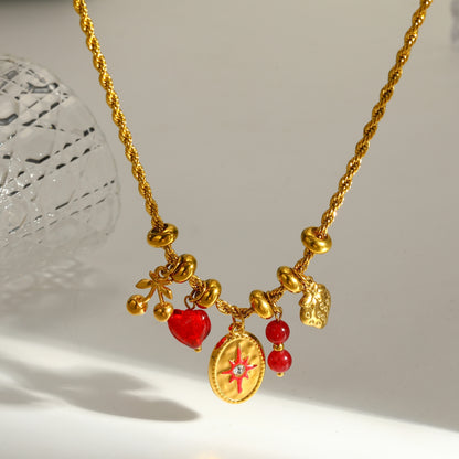 Sweet Round Pendant Necklace For Valentine's Day In 304 Stainless Steel With 18K Real Gold Plated Twist Chain