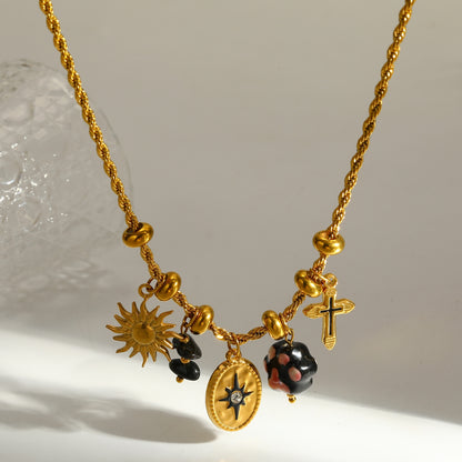 Sweet Round Pendant Necklace For Valentine's Day In 304 Stainless Steel With 18K Real Gold Plated Twist Chain