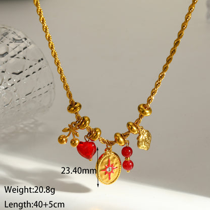 Sweet Round Pendant Necklace For Valentine's Day In 304 Stainless Steel With 18K Real Gold Plated Twist Chain
