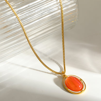 Oval Necklace For Women Featuring 18K Real Gold Plated 304 Stainless Steel With Natural Stone Inlay, Perfect Birthday Gift