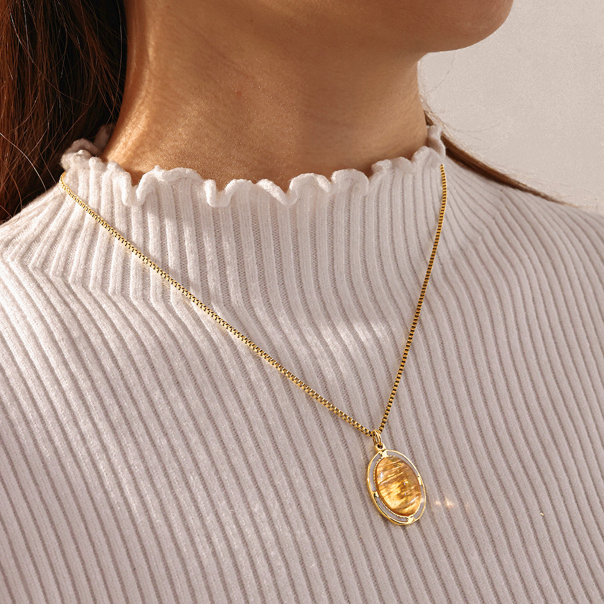 Oval Necklace For Women Featuring 18K Real Gold Plated 304 Stainless Steel With Natural Stone Inlay, Perfect Birthday Gift