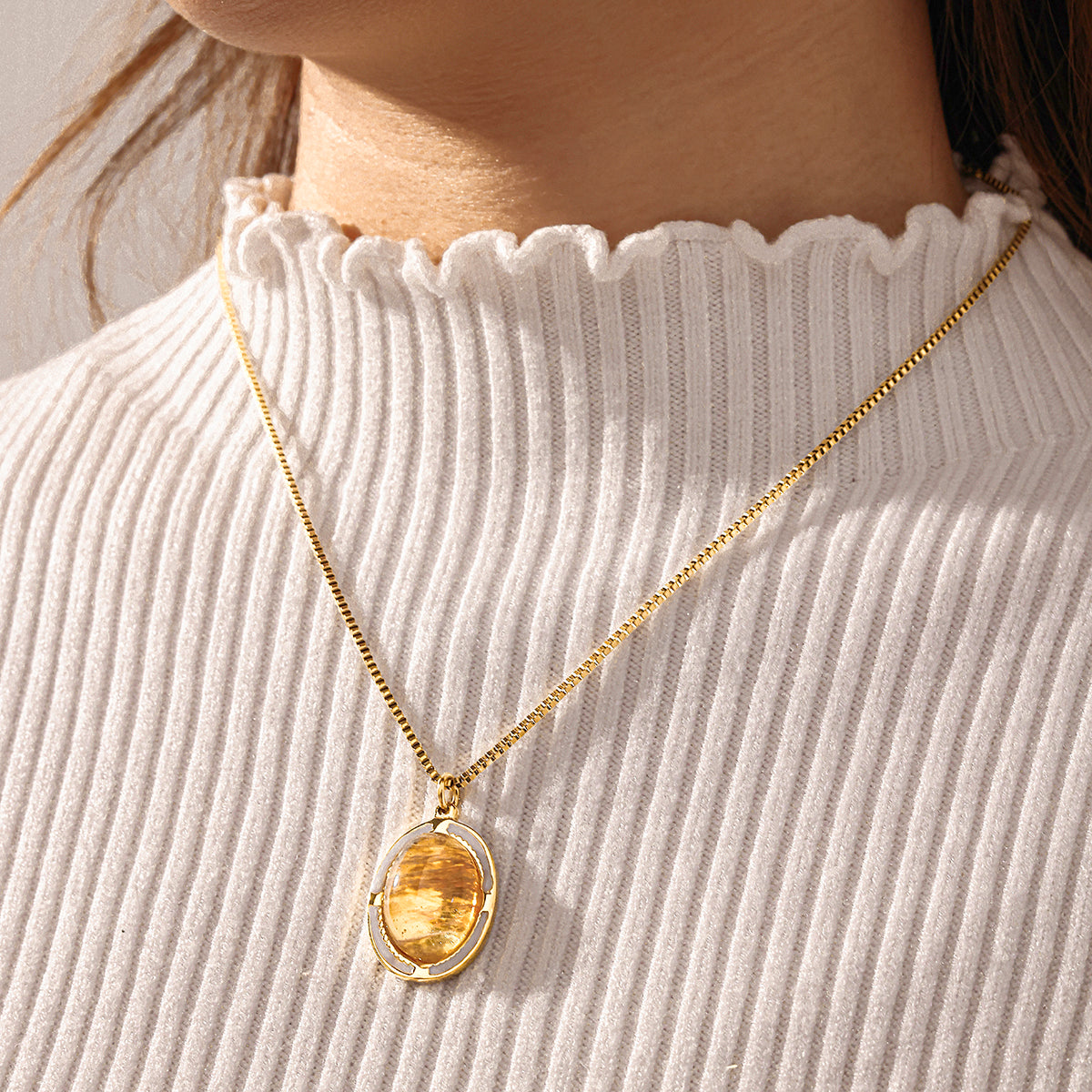 Oval Necklace For Women Featuring 18K Real Gold Plated 304 Stainless Steel With Natural Stone Inlay, Perfect Birthday Gift