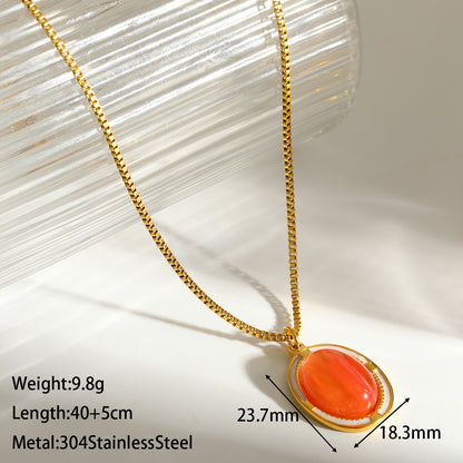Oval Necklace For Women Featuring 18K Real Gold Plated 304 Stainless Steel With Natural Stone Inlay, Perfect Birthday Gift