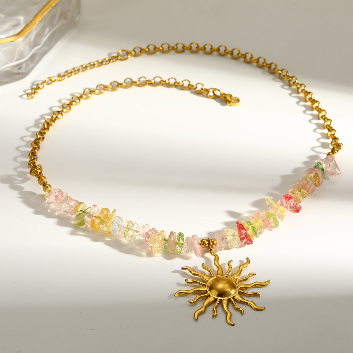 Sweet Sun Pendant Necklace For Women In 201 Stainless Steel With 18K Real Gold Plated Finish And Side Chain