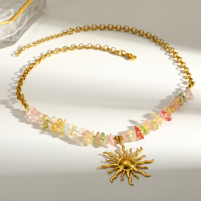 Sweet Sun Pendant Necklace For Women In 201 Stainless Steel With 18K Real Gold Plated Finish And Side Chain