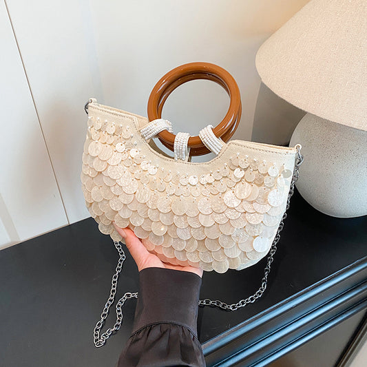 Semicircle Acrylic Handbag With Sequins, Stylish Women's Crossbody Bag