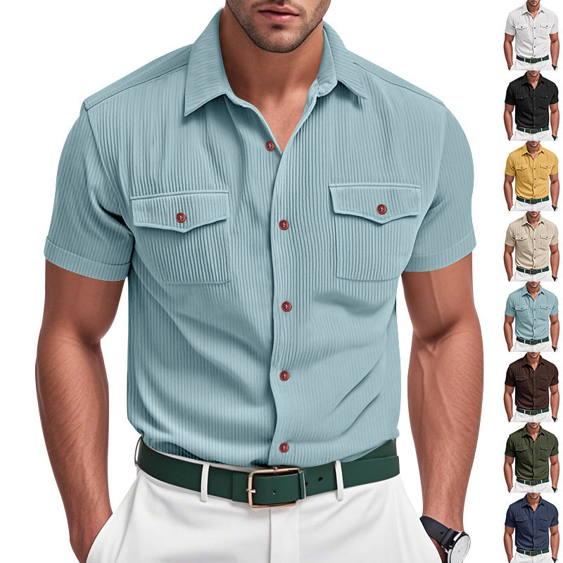 Solid Color Casual Short Sleeve Polyester Blouse With Lapel For Men
