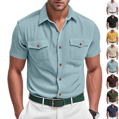 Solid Color Casual Short Sleeve Polyester Blouse With Lapel For Men