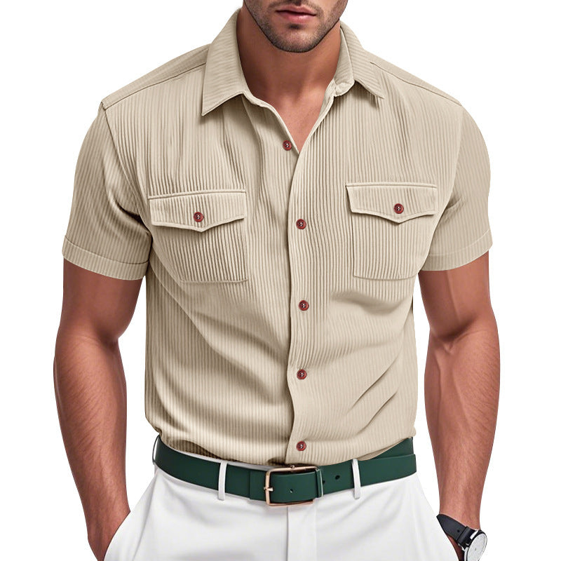 Solid Color Casual Short Sleeve Polyester Blouse With Lapel For Men