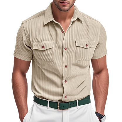 Solid Color Casual Short Sleeve Polyester Blouse With Lapel For Men