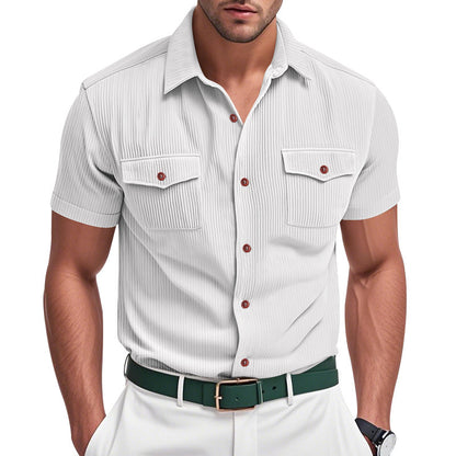 Solid Color Casual Short Sleeve Polyester Blouse With Lapel For Men