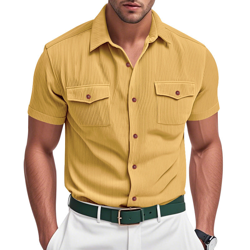 Solid Color Casual Short Sleeve Polyester Blouse With Lapel For Men