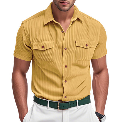 Solid Color Casual Short Sleeve Polyester Blouse With Lapel For Men