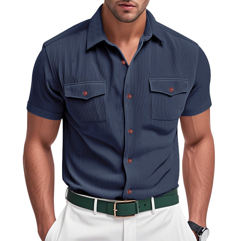 Solid Color Casual Short Sleeve Polyester Blouse With Lapel For Men