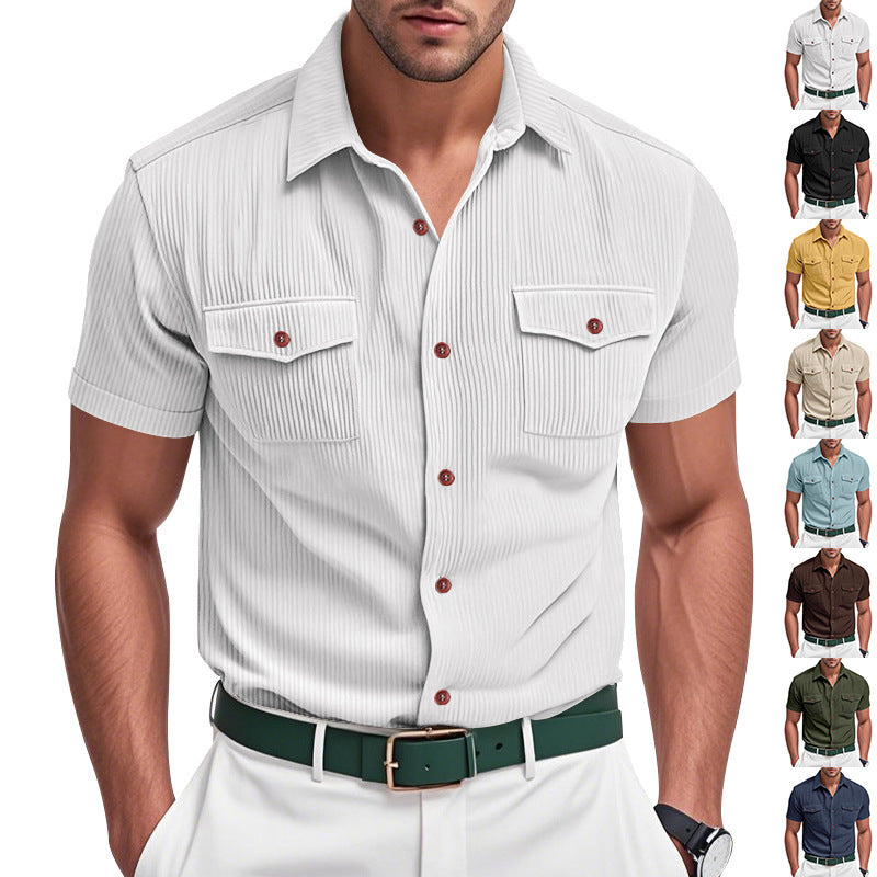 Solid Color Casual Short Sleeve Polyester Blouse With Lapel For Men