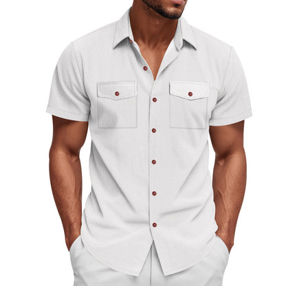 Solid Color Casual Short Sleeve Polyester Blouse With Lapel For Men