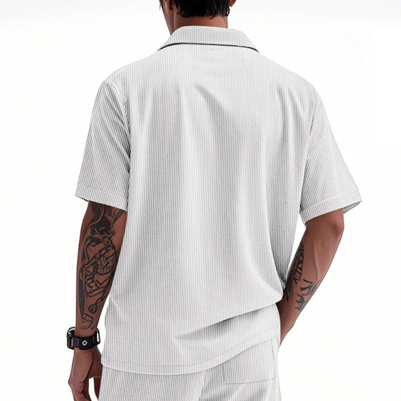 Solid Color Casual Short Sleeve Polyester Blouse With Lapel For Men