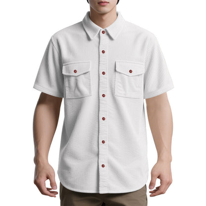 Solid Color Casual Short Sleeve Polyester Blouse With Lapel For Men