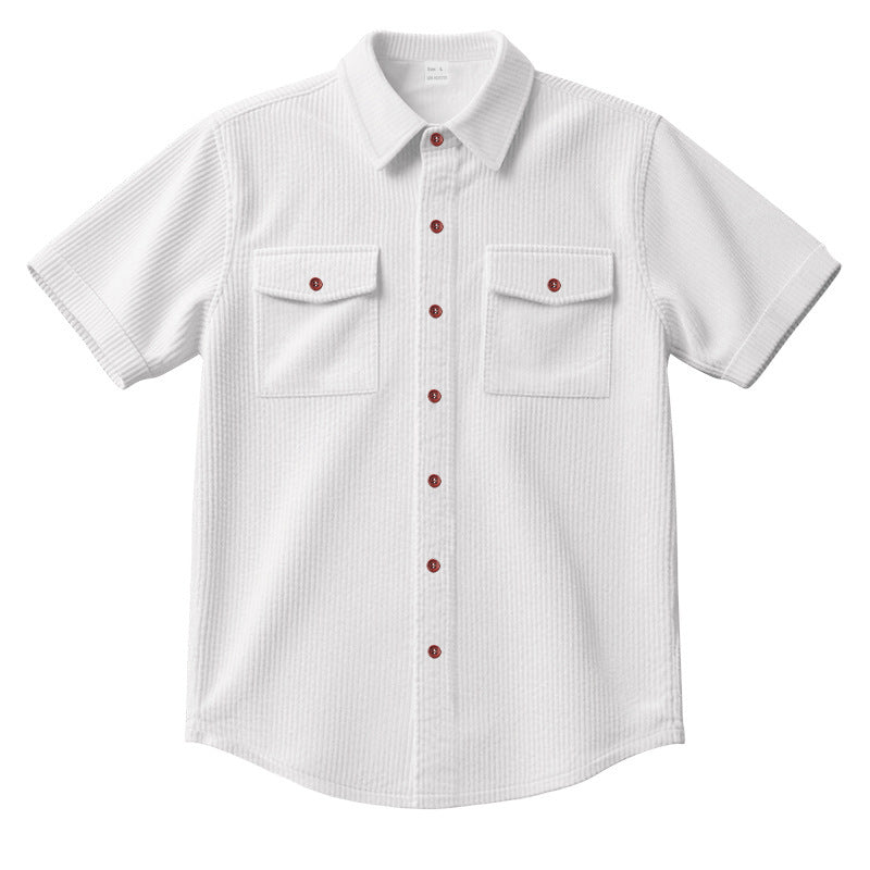 Solid Color Casual Short Sleeve Polyester Blouse With Lapel For Men