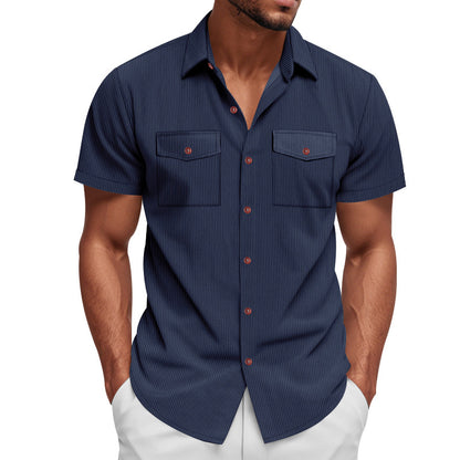 Solid Color Casual Short Sleeve Polyester Blouse With Lapel For Men