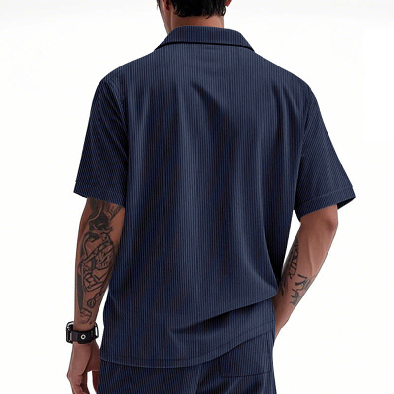 Solid Color Casual Short Sleeve Polyester Blouse With Lapel For Men