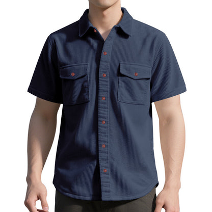 Solid Color Casual Short Sleeve Polyester Blouse With Lapel For Men