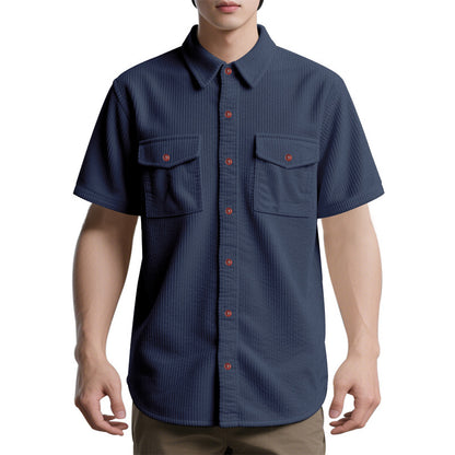 Solid Color Casual Short Sleeve Polyester Blouse With Lapel For Men