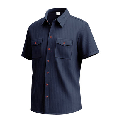 Solid Color Casual Short Sleeve Polyester Blouse With Lapel For Men